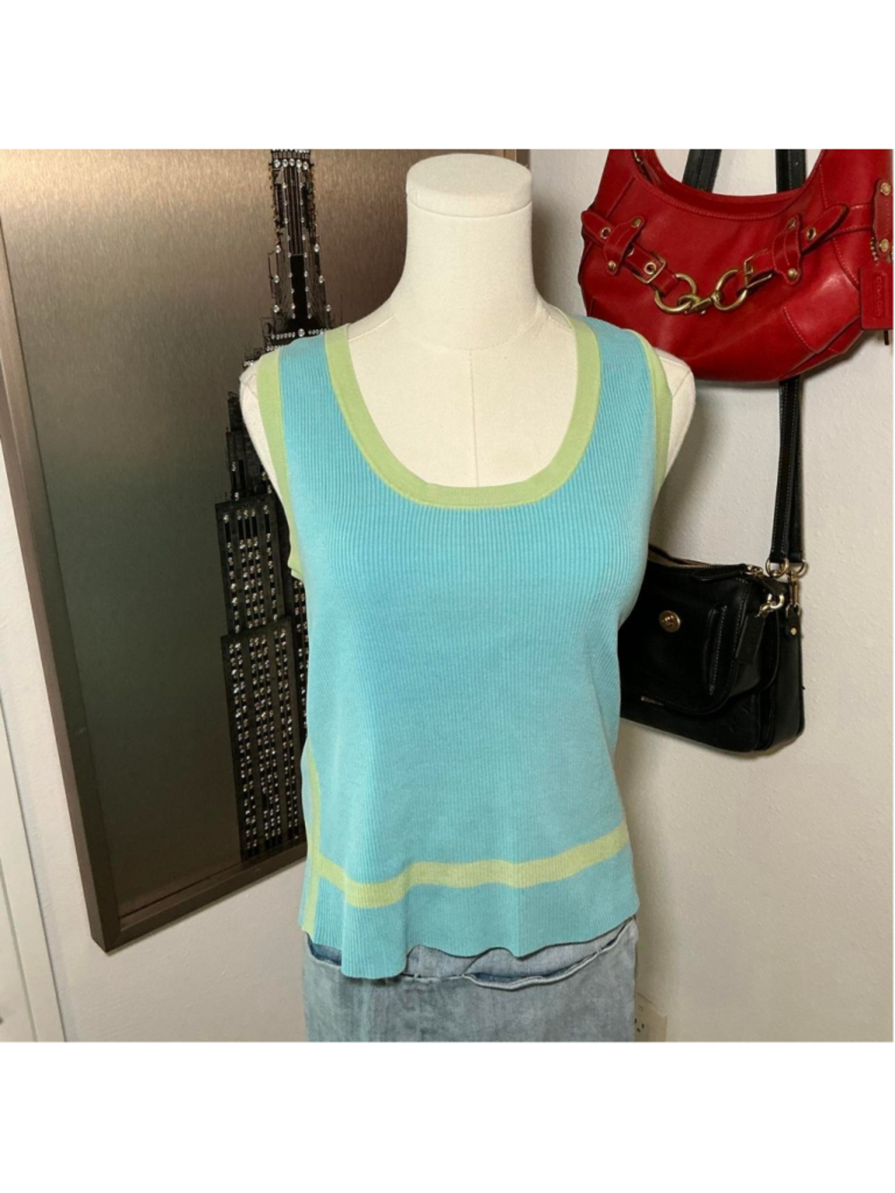 L.A.C.E. Y2K Aqua Blue Lime Green Ribbed Tank Top XL